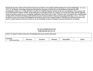 During the interview with Carol Cochran it became aware that we were lacking staff development in current technologies. (Cochran,
2009) As the District Technology Integration Specialist for Secondary Schools, she is in the position to help plan for staff
developments in this area. At this time there are plans for Staff Development Sessions in the area of integration. These sessions will
not be held until the summer of 2010. It then falls upon us to fill this need for our campus. It is not the goal of this staff development
session to produce experts in every technology application. Mary Burns tells us that, “Teachers came to recognize that a small amount
of input (their technical knowledge) could result in increased output (student’s improved work using technology.) (Burns, 2002) It is
the goal to create an awareness of technologies that teachers may not have begun to think of. With this new awareness teachers will
come to realize that they need not be experts to use the technology in classes resulting in increased productivity of students.




                                                      EVALUATION PLAN #2
                                                       With PHASE PLAN # 2
Goal 2: To improve teacher awareness of technology that can be used in classrooms.


Action Steps
                                  Data Source           Procedures:          Timeframe           Responsibility                Results:
       (from Action Plan)
 