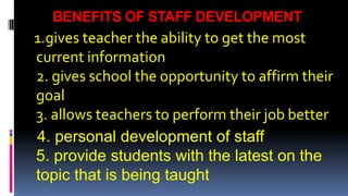 BENEFITS OF STAFF DEVELOPMENT 
1.gives teacher the ability to get the most 
current information 
2. gives school the opportunity to affirm their 
goal 
3. allows teachers to perform their job better 
4. personal development of staff 
5. provide students with the latest on the 
topic that is being taught 
 