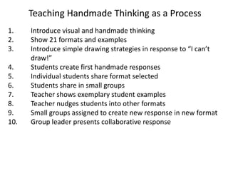 Teaching Handmade Thinking as a Process
1. Introduce visual and handmade thinking
2. Show 21 formats and examples
3. Introduce simple drawing strategies in response to “I can’t
draw!”
4. Students create first handmade responses
5. Individual students share format selected
6. Students share in small groups
7. Teacher shows exemplary student examples
8. Teacher nudges students into other formats
9. Small groups assigned to create new response in new format
10. Group leader presents collaborative response
 