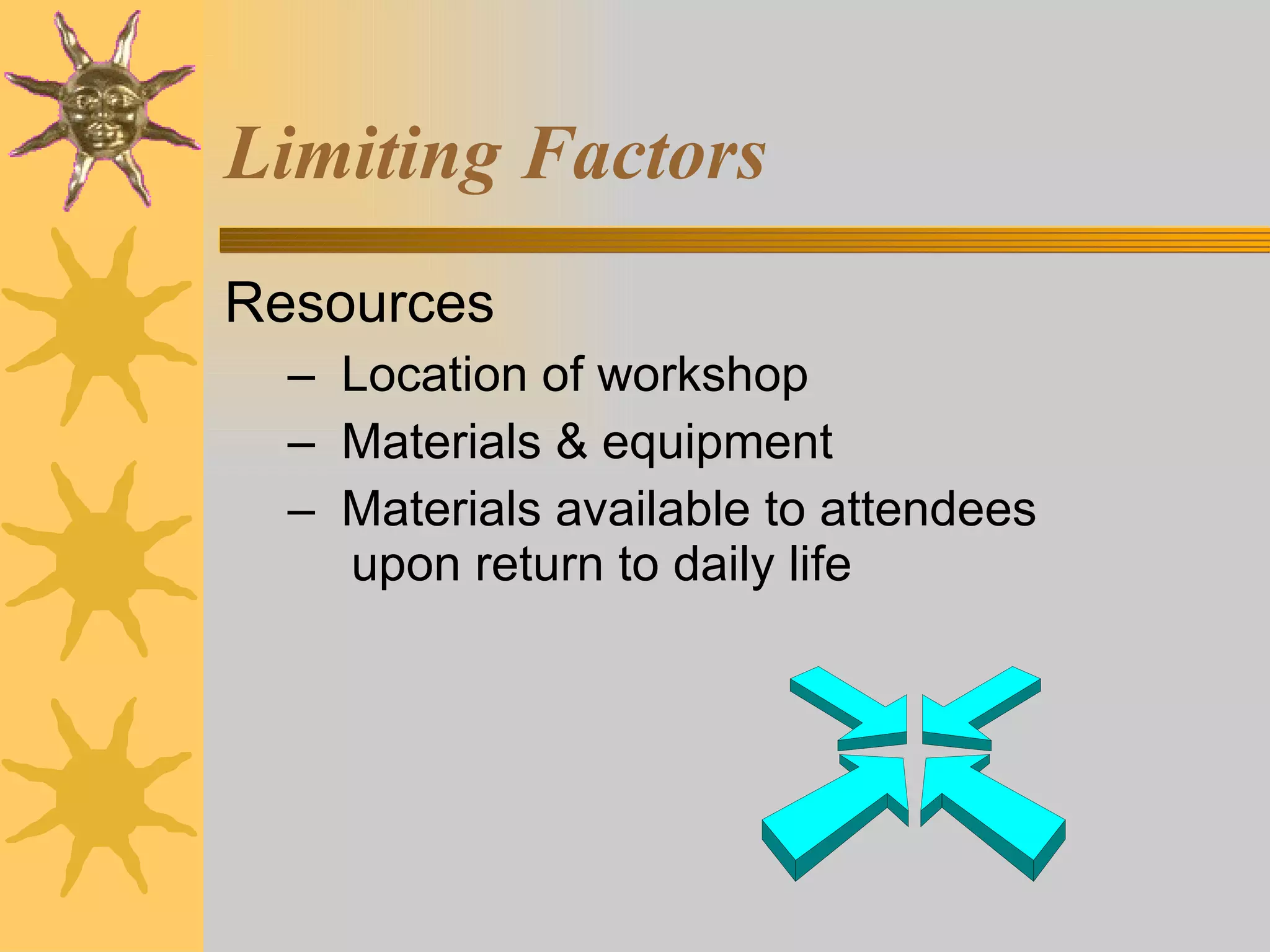 Limiting Factors Resources Location of workshop Materials & equipment Materials available to attendees  upon return to daily life 