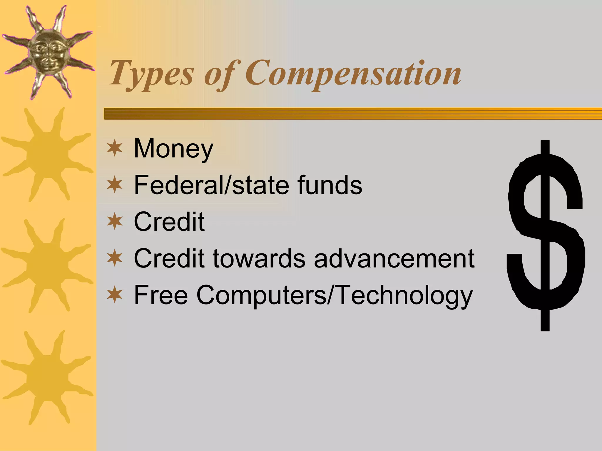 Types of Compensation Money Federal/state funds Credit Credit towards advancement Free Computers/Technology 