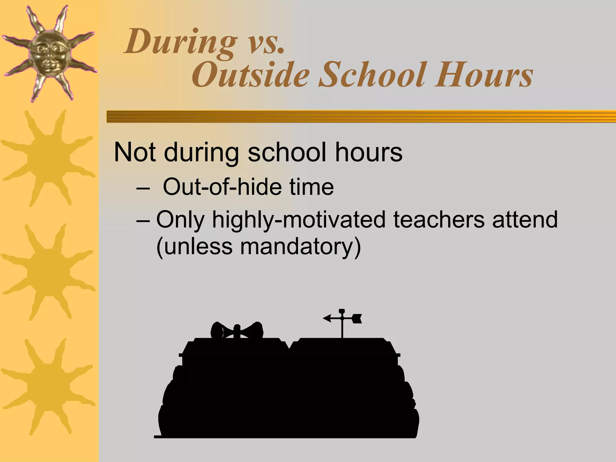 During vs.    Outside School Hours Not during school hours Out-of-hide time Only highly-motivated teachers attend (unless mandatory) 