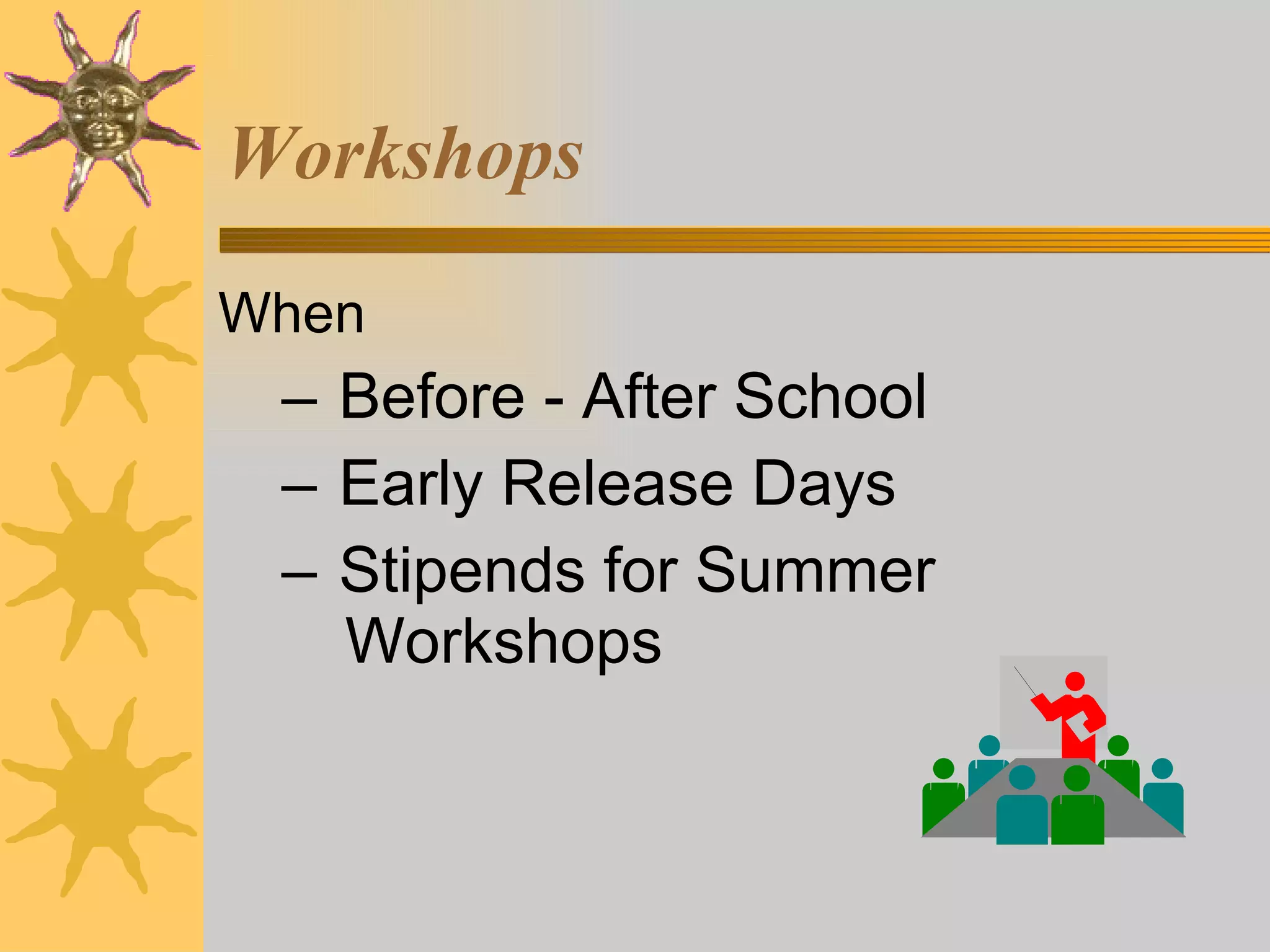 Workshops When Before - After School Early Release Days Stipends for Summer  Workshops 