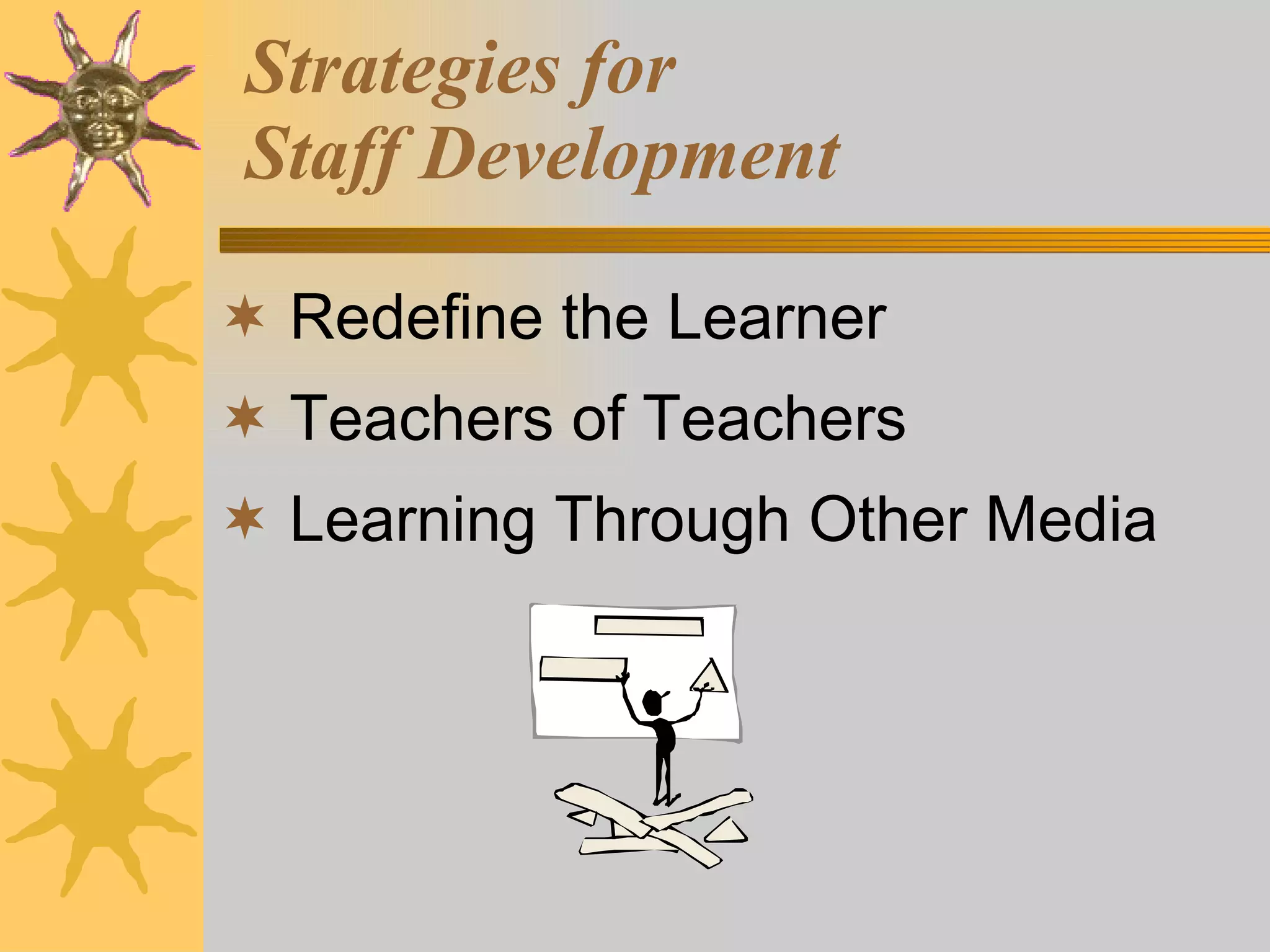 Strategies for  Staff Development Redefine the Learner Teachers of Teachers Learning Through Other Media 