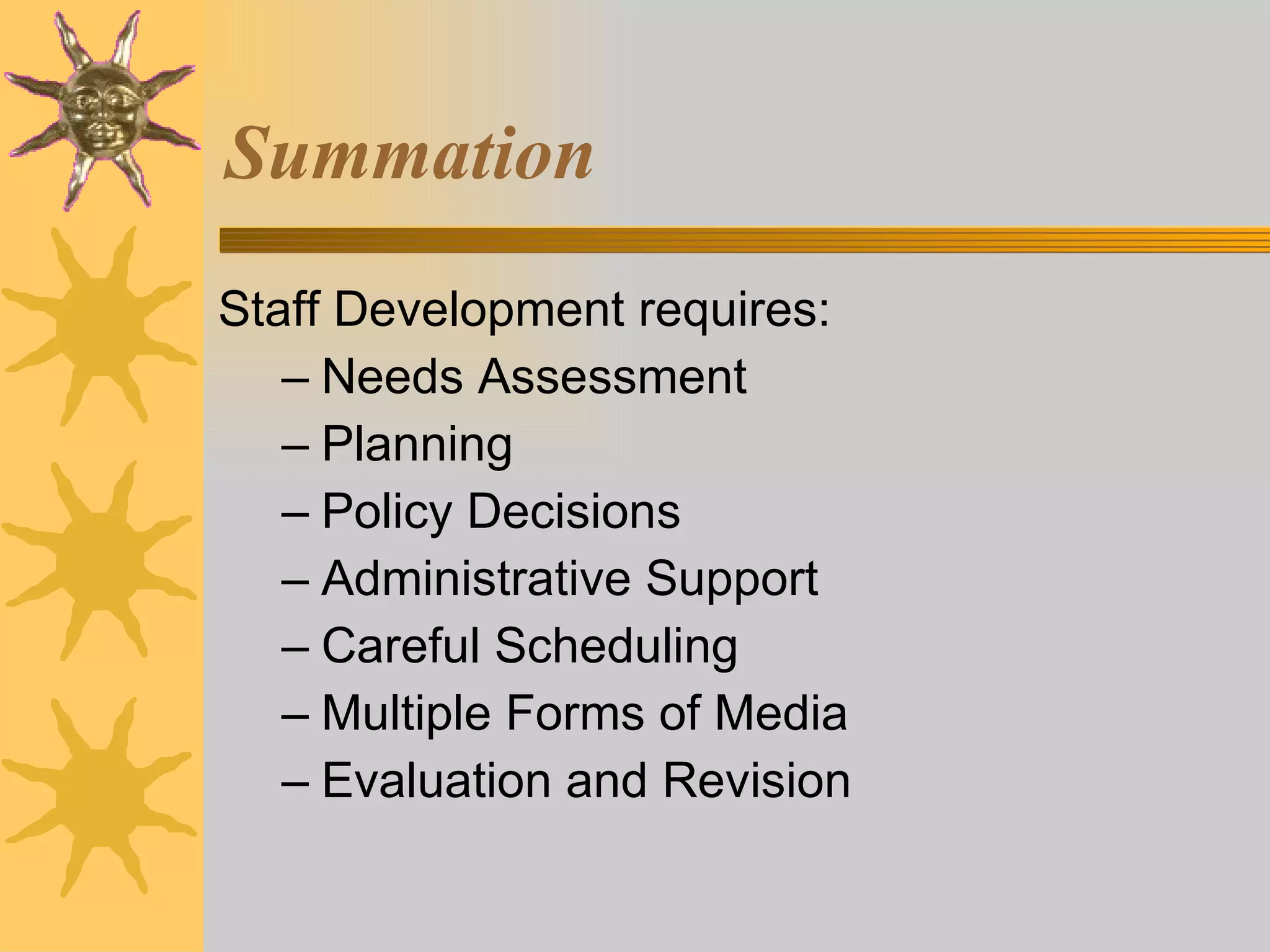 Summation Staff Development requires: Needs Assessment Planning Policy Decisions Administrative Support Careful Scheduling Multiple Forms of Media Evaluation and Revision 