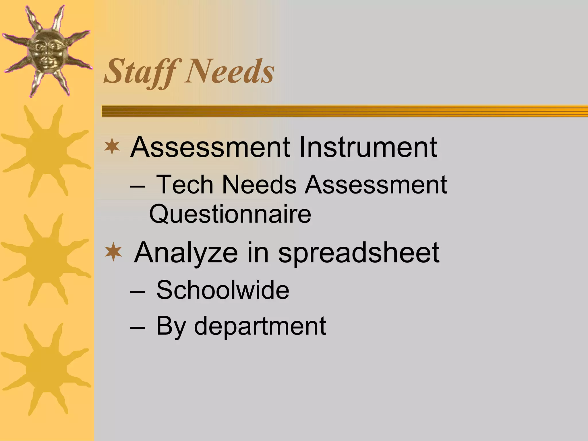 Staff Needs Assessment Instrument Tech Needs Assessment Questionnaire Analyze in spreadsheet Schoolwide By department 