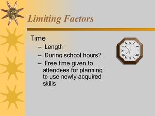 Limiting Factors Time Length During school hours? Free time given to attendees for planning to use newly-acquired skills 