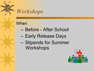 Workshops When Before - After School Early Release Days Stipends for Summer  Workshops 