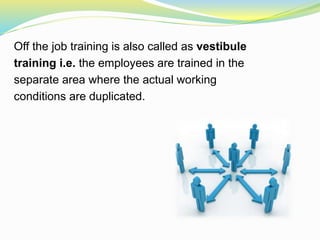Off the job training is also called as vestibule
training i.e. the employees are trained in the
separate area where the actual working
conditions are duplicated.
 