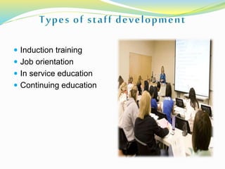  Induction training
 Job orientation
 In service education
 Continuing education
 