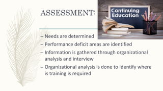 ASSESSMENT:
– Needs are determined
– Performance deficit areas are identified
– Information is gathered through organizational
analysis and interview
– Organizational analysis is done to identify where
is training is required
 