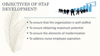 OBJECTIVES OF STAFF
DEVELOPMENT:
 To ensure that the organization is well staffed
 To ensure obtaining maximum potential
 To ensure the elements of modernization
 To address nurse employee aspiration
 