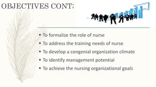 OBJECTIVES CONT;
 To formalize the role of nurse
 To address the training needs of nurse
 To develop a congenial organization climate
 To identify management potential
 To achieve the nursing organizational goals
 