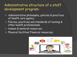 Administrative structure of a staff
development program:
 Administrative philosophy, policies & practices
of health care agency.
 Policies, practices and standards of nursing &
other health professionals.
 Human & material resources .
 Physical facilities Financial resources.
 