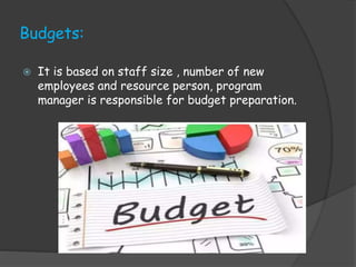 Budgets:
 It is based on staff size , number of new
employees and resource person, program
manager is responsible for budget preparation.
 