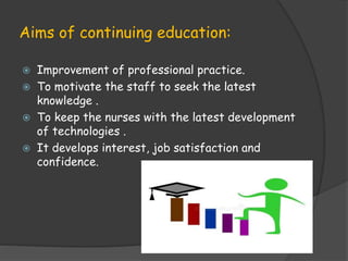 Aims of continuing education:
 Improvement of professional practice.
 To motivate the staff to seek the latest
knowledge .
 To keep the nurses with the latest development
of technologies .
 It develops interest, job satisfaction and
confidence.
 