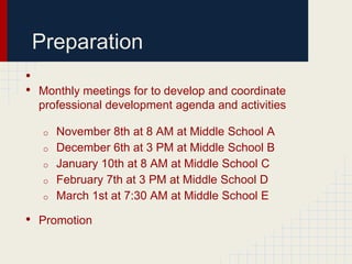 Preparation
•
• Monthly meetings for to develop and coordinate
  professional development agenda and activities

   o   November 8th at 8 AM at Middle School A
   o   December 6th at 3 PM at Middle School B
   o   January 10th at 8 AM at Middle School C
   o   February 7th at 3 PM at Middle School D
   o   March 1st at 7:30 AM at Middle School E

• Promotion
 
