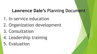 Lawrence Dale’s Planning Document
1. In-service education
2. Organization development
3. Consultation
4. Leadership training
5. Evaluation
 