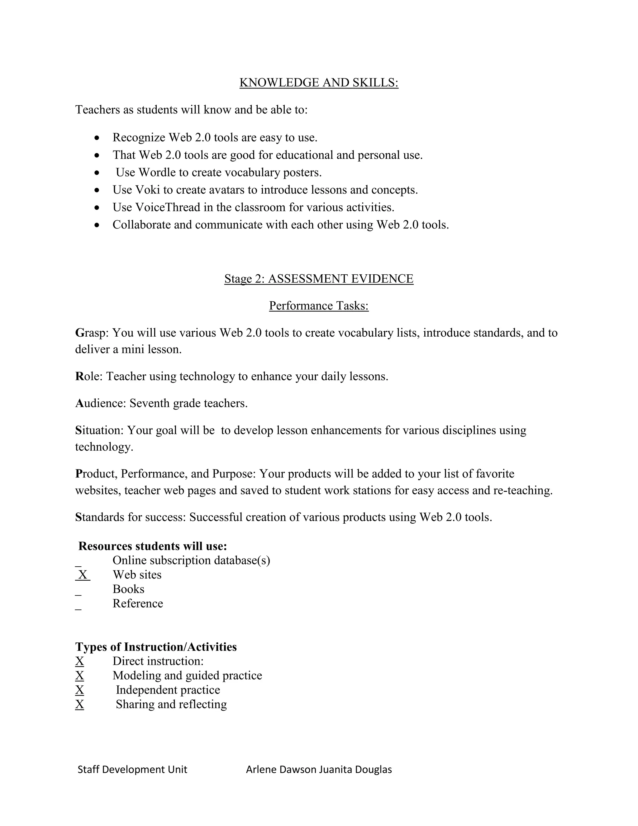 KNOWLEDGE AND SKILLS:

Teachers as students will know and be able to:

      Recognize Web 2.0 tools are easy to use.
      That Web 2.0 tools are good for educational and personal use.
      Use Wordle to create vocabulary posters.
      Use Voki to create avatars to introduce lessons and concepts.
      Use VoiceThread in the classroom for various activities.
      Collaborate and communicate with each other using Web 2.0 tools.



                             Stage 2: ASSESSMENT EVIDENCE

                                      Performance Tasks:

Grasp: You will use various Web 2.0 tools to create vocabulary lists, introduce standards, and to
deliver a mini lesson.

Role: Teacher using technology to enhance your daily lessons.

Audience: Seventh grade teachers.

Situation: Your goal will be to develop lesson enhancements for various disciplines using
technology.

Product, Performance, and Purpose: Your products will be added to your list of favorite
websites, teacher web pages and saved to student work stations for easy access and re-teaching.

Standards for success: Successful creation of various products using Web 2.0 tools.

 Resources students will use:
_     Online subscription database(s)
 X    Web sites
_     Books
_     Reference


Types of Instruction/Activities
X     Direct instruction:
X     Modeling and guided practice
X      Independent practice
X      Sharing and reflecting




Staff Development Unit            Arlene Dawson Juanita Douglas
 