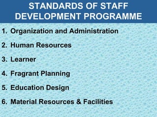 STANDARDS OF STAFF
DEVELOPMENT PROGRAMME
1. Organization and Administration
2. Human Resources
3. Learner
4. Fragrant Planning
5. Education Design
6. Material Resources & Facilities
 