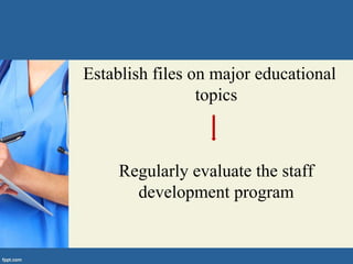Establish files on major educational
topics
Regularly evaluate the staff
development program
 