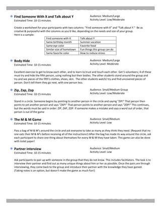Find Someone With X and Talk about Y
Estimated Time: 10-15 minutes
Audience: Medium/Large
Activity Level: Low/Moderate
Create a worksheet for your participants with two columns: “Find someone with X” and “Talk about Y.” Be as
creative & purposeful with the columns as you’d like, depending on the needs and size of your group.
Here is a sample:
Find someone with X Talk about Y
Same birthday month Summer vacation
Same eye color Favorite food
Similar size of hometown Fun things this group can do
Same favorite color How to reduce stress
Body Hide
Estimated Time: 10-15 minutes
Audience: Medium/Large
Activity Level: Moderate
Excellent exercise to get to know each other, and to learn to trust and touch each other. Get 5 volunteers; 4 of these
must try and hide the fifth person, using nothing but their bodies. The other students stand around the group and
try and see pieces of the fifth's clothes, shoes, skin. The other students watch/ try and find uncovered pieces of
person. Don't tell them they go next, with one person less.
Zip, Zap, Zop
Estimated Time: 10-15 minutes
Audience: Small/Medium Group
Activity Level: Low/Moderate
Stand in a circle. Someone begins by pointing to another person in the circle and saying "ZIP!" That person then
points to yet another person and says "ZAP!" That person points to another person and says "ZOP!" This continues,
but the words must be said in order: ZIP, ZAP, ZOP. If someone makes a mistake and says a word out of order, that
person is out of the game
The M & M Game
Estimated Time: 10-15 minutes
Audience: Small/Medium
Activity Level: Low
Pass a bag of M & M’s around the circle and ask everyone to take as many as they think they need. (Request that no
one eats their M & M’s before receiving all of the instructions!) After the bag has made its way around the circle, ask
each participant to share one thing about themselves for every M & M they have taken. This game can also be done
with toilet paper!
Partner Interview
Estimated Time: 10-15 minutes
Audience: Small/Medium
Activity Level: Low
Ask participants to pair up with someone in the group that they do not know. This includes facilitators. The task is to
interview their partner and find out as many unique things about him or her as possible. Once the pairs are through
interviewing, they come back to the group and introduce their partner with the knowledge they have gained.
(Taking notes is an option, but doesn’t make the game as much fun!)
 