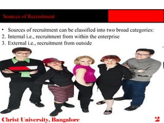 Sources of Recruitment Sources of recruitment can be classified into two broad categories: Internal i.e., recruitment from within the enterprise External i.e., recruitment from outside Christ University, Bangalore 22 
