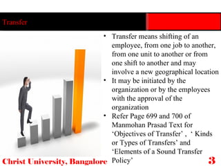 Christ University, Bangalore 30 Transfer Transfer means shifting of an employee, from one job to another, from one unit to another or from one shift to another and may involve a new geographical location It may be initiated by the organization or by the employees with the approval of the organization Refer Page 699 and 700 of Manmohan Prasad Text for ‘Objectives of Transfer’ ,  ‘ Kinds or Types of Transfers’ and ‘Elements of a Sound Transfer Policy’ 