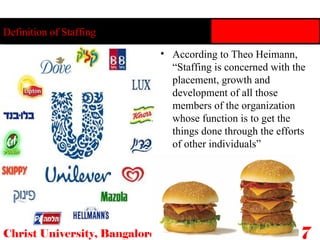 Definition of Staffing According to Theo Heimann, “Staffing is concerned with the placement, growth and development of all those members of the organization whose function is to get the things done through the efforts of other individuals” Christ University, Bangalore 7 