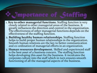 Importance of Staffing
1. Key to other managerial functions. Staffing function is very
   closely related to other managerial areas of the business. It
   greatly influences the direction and control in the organization.
   The effectiveness of other managerial functions depends on the
   effectiveness of the staffing function.
2. Building healthy human relationships. Staffing function
   helps to build proper human relationships in the organization.
   Smooth human relations are the key to better communication
   and co-ordination of managerial efforts in an organization.
3. Human resources development. Skilled and experienced staff
   is the best asset of a business concern. The staffing function
   helps developing this asset for the business. It inculcates the
   corporate culture into the staff which in turn ensures smooth
   functioning of all the managerial aspects of the business.
 