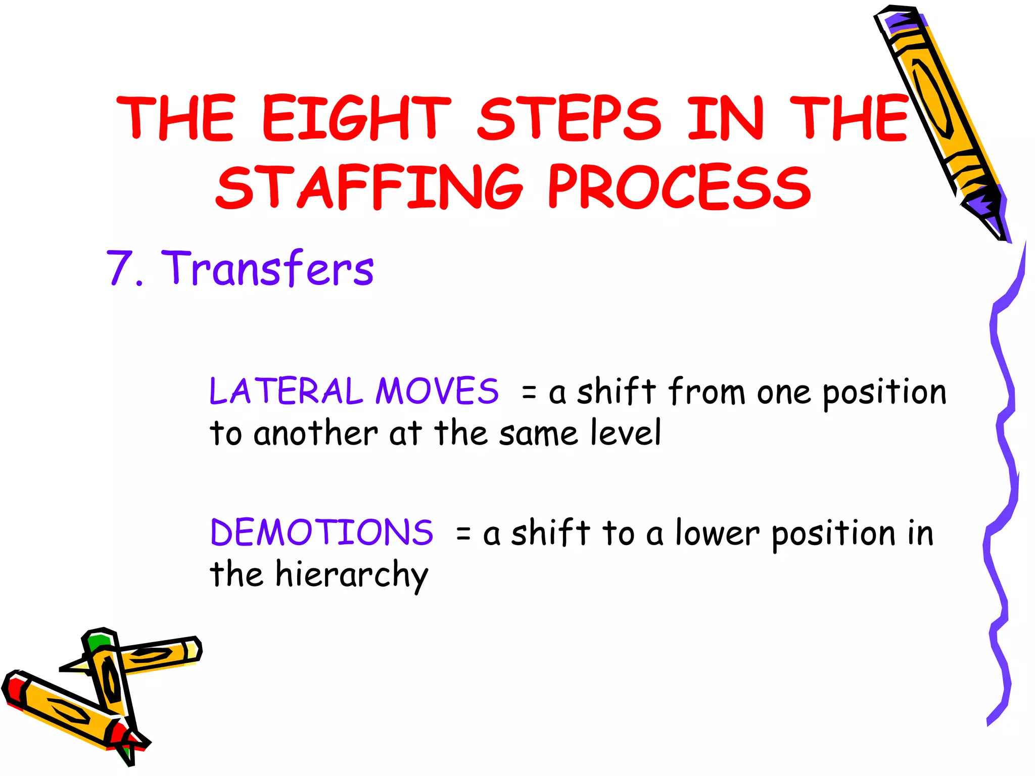 THE EIGHT STEPS IN THE
  STAFFING PROCESS
7. Transfers

    LATERAL MOVES = a shift from one position
    to another at the same level

    DEMOTIONS = a shift to a lower position in
    the hierarchy
 