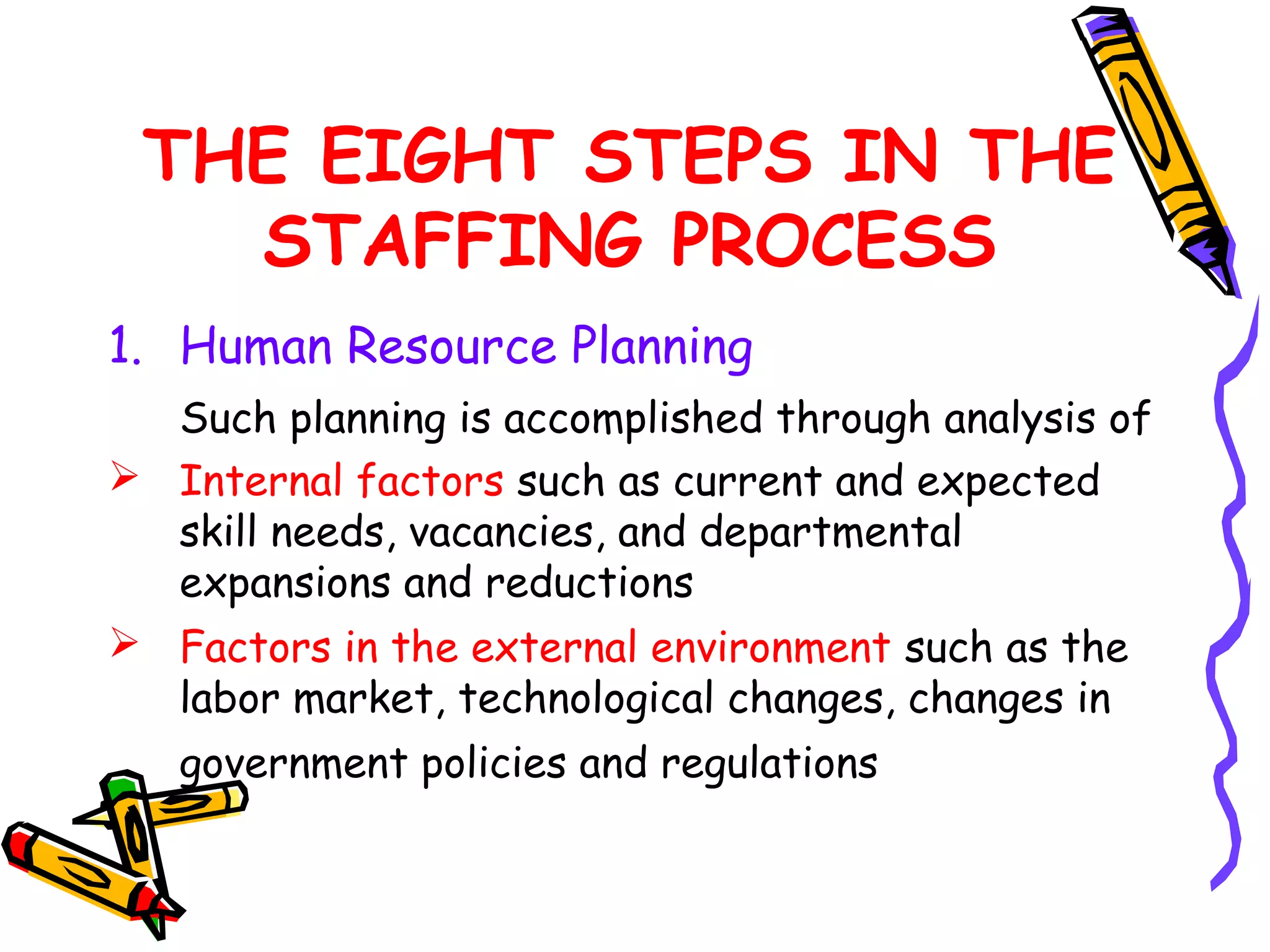 THE EIGHT STEPS IN THE
   STAFFING PROCESS
1. Human Resource Planning
  Such planning is accomplished through analysis of
 Internal factors such as current and expected
  skill needs, vacancies, and departmental
  expansions and reductions
 Factors in the external environment such as the
  labor market, technological changes, changes in
   government policies and regulations
 