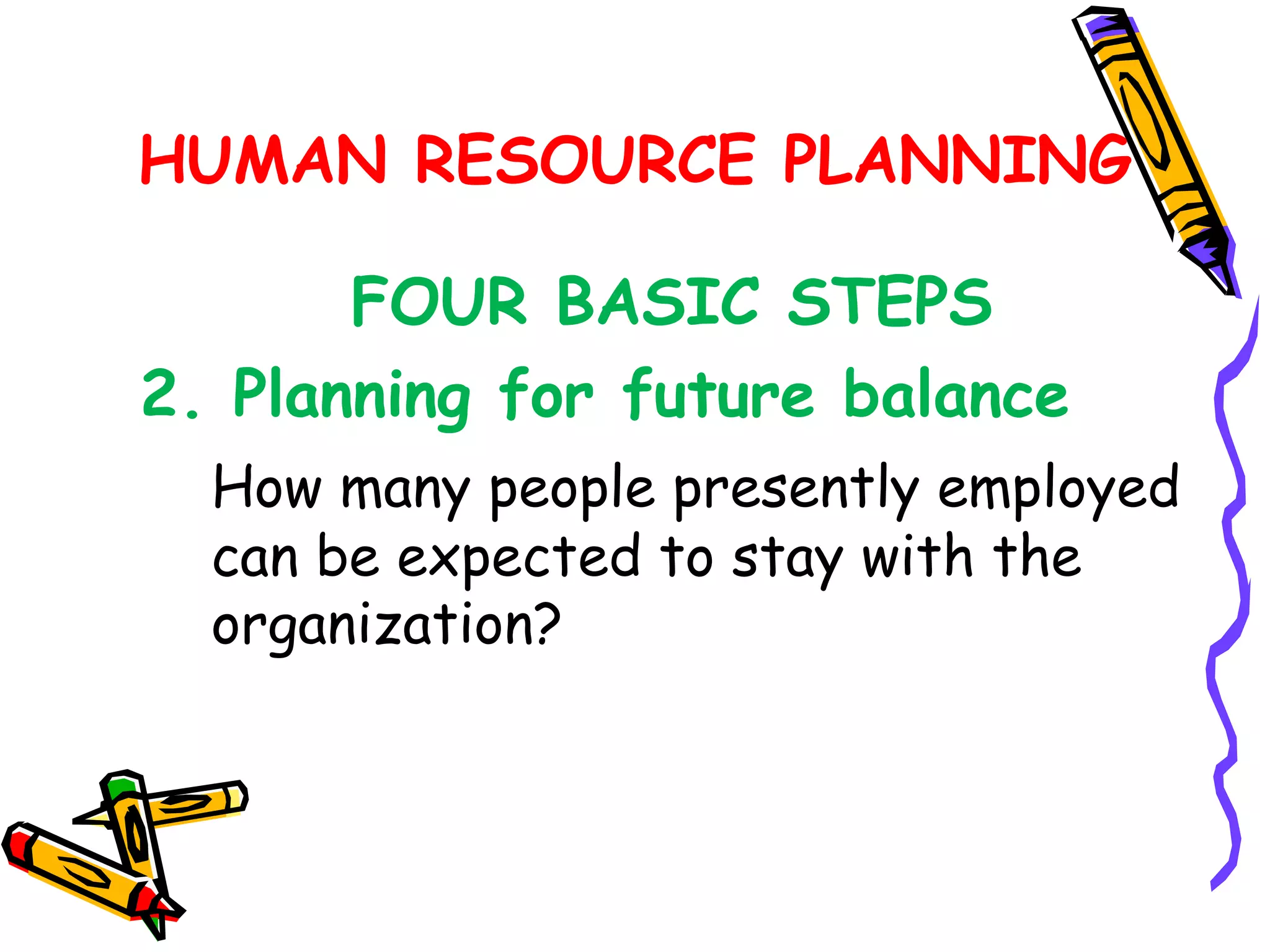 HUMAN RESOURCE PLANNING

       FOUR BASIC STEPS
2. Planning for future balance
  How many people presently employed
  can be expected to stay with the
  organization?
 