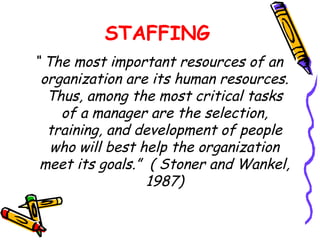 STAFFING
“ The most important resources of an
 organization are its human resources.
  Thus, among the most critical tasks
    of a manager are the selection,
  training, and development of people
   who will best help the organization
 meet its goals.” ( Stoner and Wankel,
                  1987)
 