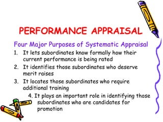PERFORMANCE APPRAISAL
Four Major Purposes of Systematic Appraisal
1. It lets subordinates know formally how their
   current performance is being rated
2. It identifies those subordinates who deserve
   merit raises
3. It locates those subordinates who require
   additional training
     4. It plays an important role in identifying those
         subordinates who are candidates for
         promotion
 