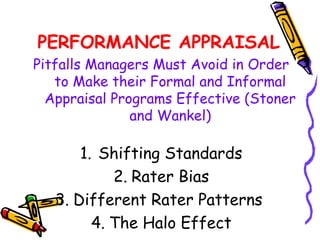 PERFORMANCE APPRAISAL
Pitfalls Managers Must Avoid in Order
   to Make their Formal and Informal
  Appraisal Programs Effective (Stoner
               and Wankel)

       1. Shifting Standards
            2. Rater Bias
   3. Different Rater Patterns
         4. The Halo Effect
 