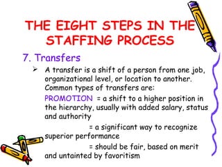 THE EIGHT STEPS IN THE
  STAFFING PROCESS
7. Transfers
   A transfer is a shift of a person from one job,
    organizational level, or location to another.
    Common types of transfers are:
    PROMOTION = a shift to a higher position in
    the hierarchy, usually with added salary, status
    and authority
                 = a significant way to recognize
    superior performance
                 = should be fair, based on merit
    and untainted by favoritism
 