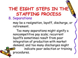 THE EIGHT STEPS IN THE
  STAFFING PROCESS
8. Separations
  may be a resignation, layoff, discharge, or
  retirement.
     Too many separations might signify a
  noncompetitive pay scale; recurrent
  layoffs sometimes result from poor
  integration of production with market
  demand; and too many discharges might
          indicate poor selection or training
  procedures.
 