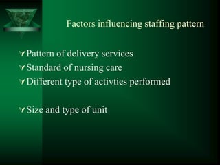 Factors influencing staffing pattern
Pattern of delivery services
Standard of nursing care
Different type of activties performed
Size and type of unit
 