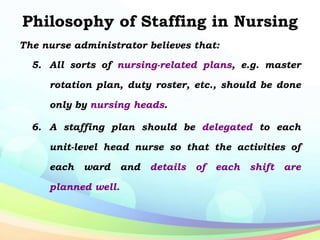 Philosophy of Staffing in Nursing
The nurse administrator believes that:
5. All sorts of nursing-related plans, e.g. master
rotation plan, duty roster, etc., should be done
only by nursing heads.
6. A staffing plan should be delegated to each
unit-level head nurse so that the activities of
each ward and details of each shift are
planned well.
 
