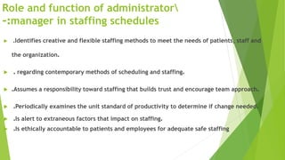 Role and function of administrator
manager in staffing schedules:-
 .Identifies creative and flexible staffing methods to meet the needs of patients, staff and
the organization.
 . regarding contemporary methods of scheduling and staffing.
 .Assumes a responsibility toward staffing that builds trust and encourage team approach.
 .Periodically examines the unit standard of productivity to determine if change needed.
 .Is alert to extraneous factors that impact on staffing.
 .Is ethically accountable to patients and employees for adequate safe staffing
 