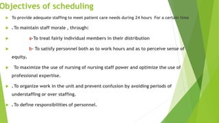 Objectives of scheduling
 To provide adequate staffing to meet patient care needs during 24 hours For a certain time
 .To maintain staff morale , through:
 a-To treat fairly individual members in their distribution
 b- To satisfy personnel both as to work hours and as to perceive sense of
equity.
 To maximize the use of nursing of nursing staff power and optimize the use of
professional expertise.
 .To organize work in the unit and prevent confusion by avoiding periods of
understaffing or over staffing.
 .To define responsibilities of personnel.
 