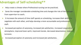 **Advantages of Self-scheduling
 Help create a climate where Professional nursing can be practiced.
 Saves the manager considerable scheduling time and changes the role of the manager
from supervisor to coach.
 It increases the amount of time staff spends on scheduling, increases their ability to
negotiate with each other, and helps develop a more accountable and professional
staff.
 Increased perception of autonomy, increased job satisfaction, increased cooperative
atmosphere, improved team spirit, improved morale, decreased absenteeism, reduced
turnover.
 Increased perception of autonomy and increased job satisfaction.
 