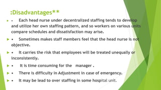 **Disadvantages:
 • Each head nurse under decentralized staffing tends to develop
and utilize her own staffing pattern, and so workers on various units
compare schedules and dissatisfaction may arise.
 • Sometimes makes staff members feel that the head nurse is not
objective.
 • It carries the risk that employees will be treated unequally or
inconsistently.
 • It is time consuming for the manager .
 • There is difficulty in Adjustment in case of emergency.
 • It may be lead to over staffing in some hospital unit.
 