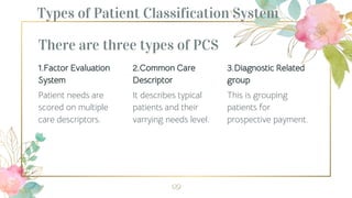 There are three types of PCS
1.Factor Evaluation
System
Patient needs are
scored on multiple
care descriptors.
2.Common Care
Descriptor
It describes typical
patients and their
varrying needs level.
3.Diagnostic Related
group
This is grouping
patients for
prospective payment.
29
Types of Patient Classification System
 