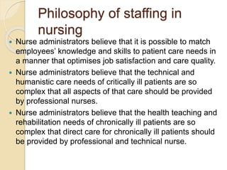 Philosophy of staffing in
nursing
 Nurse administrators believe that it is possible to match
employees’ knowledge and skills to patient care needs in
a manner that optimises job satisfaction and care quality.
 Nurse administrators believe that the technical and
humanistic care needs of critically ill patients are so
complex that all aspects of that care should be provided
by professional nurses.
 Nurse administrators believe that the health teaching and
rehabilitation needs of chronically ill patients are so
complex that direct care for chronically ill patients should
be provided by professional and technical nurse.
 