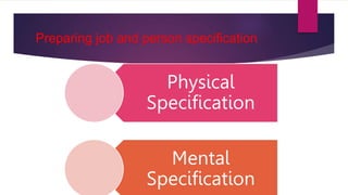 Preparing job and person specification
Physical
Specification
Mental
Specification
 