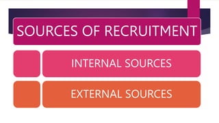 SOURCES OF RECRUITMENT
INTERNAL SOURCES
EXTERNAL SOURCES
 