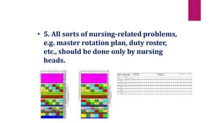 • 5. All sorts of nursing-related problems,
e.g. master rotation plan, duty roster,
etc., should be done only by nursing
heads.
 
