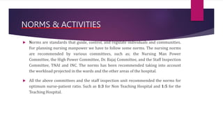  Norms are standards that guide, control, and regulate individuals and communities.
For planning nursing manpower we have to follow some norms. The nursing norms
are recommended by various committees, such as; the Nursing Man Power
Committee, the High Power Committee, Dr. Bajaj Committee, and the Staff Inspection
Committee, TNAI and INC. The norms has been recommended taking into account
the workload projected in the wards and the other areas of the hospital.
 All the above committees and the staff inspection unit recommended the norms for
optimum nurse-patient ratio. Such as 1:3 for Non Teaching Hospital and 1:5 for the
Teaching Hospital.
NORMS & ACTIVITIES
 